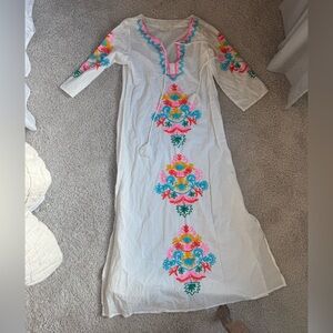 Bohemian Paradise Embroidered Kaftan Maxi Dress - White with Tropical Motifs